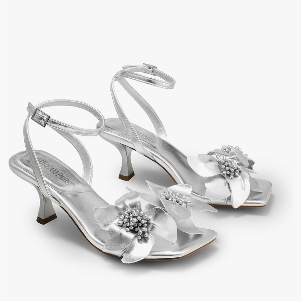 DREAM PAIRS Women's Flower Wedding Heels Cute Square Toe Size 7.5